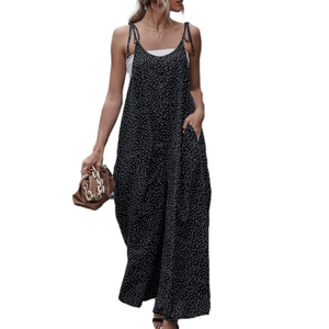 Tie Shoulder Polka Dot Black Wide Loose Fitting Jumpsuit
